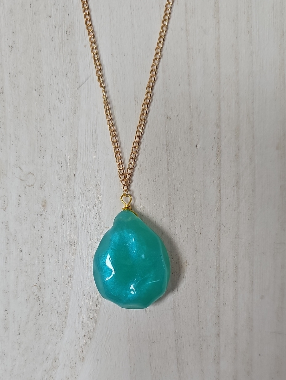 Gold Chain Necklace with Teal Green Ocean Pendant